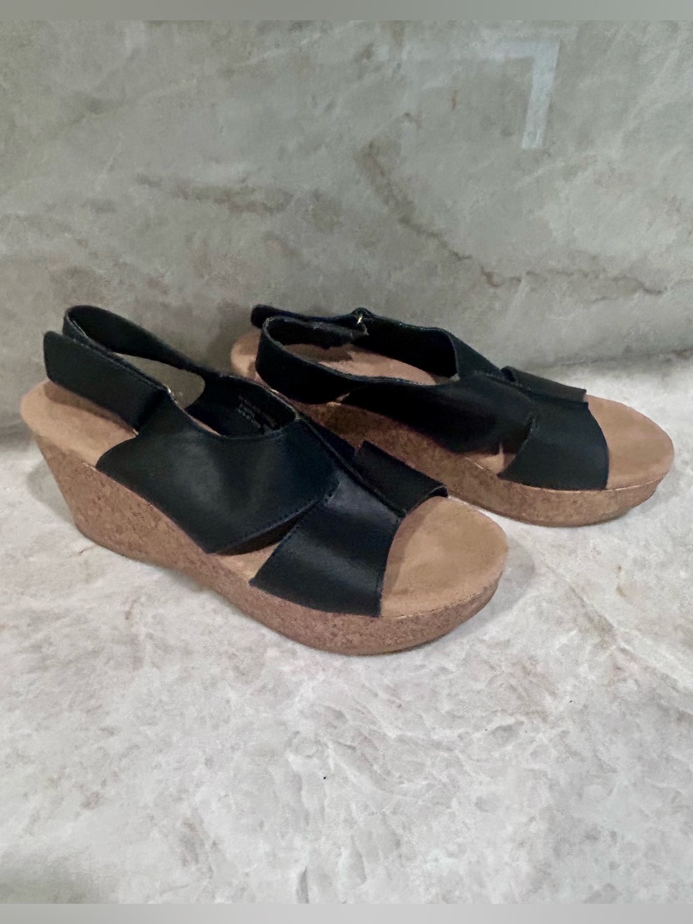 comfort plus by Predictions Black Cork Slingback Wedge Sandals